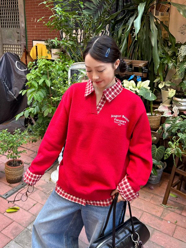 Red Plaid Polo Collar Fake Two-Piece Jacket - Chic Versatile Sweater for Autumn Winter - Y2K Inspired Fashion Style