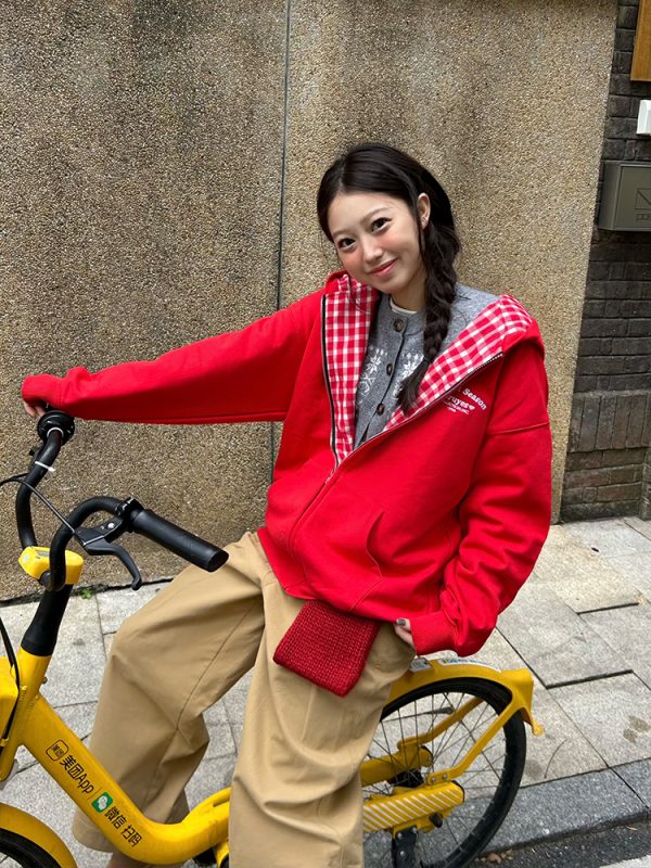 Red Plaid Spliced Slogan Loose Fleece Zipper Hoodie Jacket for Autumn Winter Y2K Style