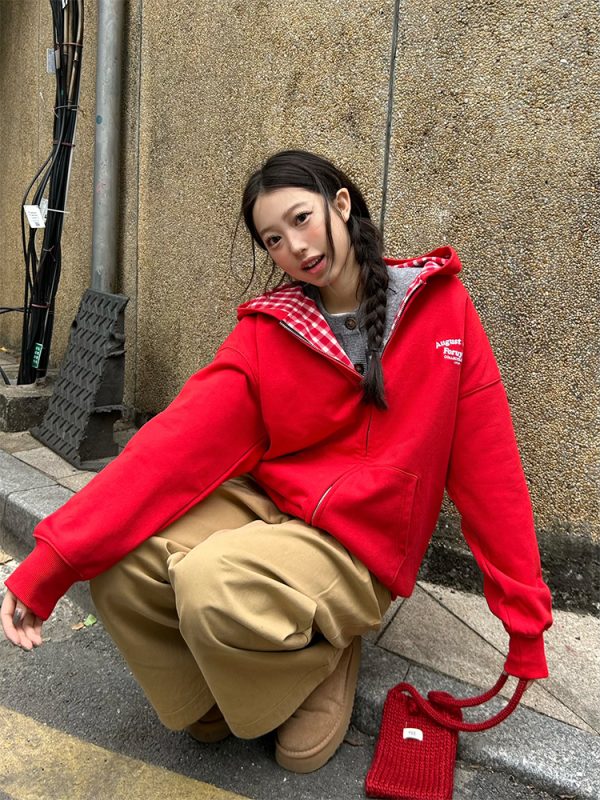 Red Plaid Spliced Slogan Loose Fleece Zipper Hoodie Jacket for Autumn Winter Y2K Style