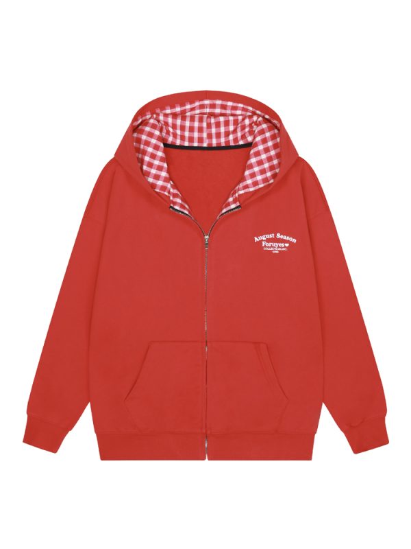 Red Plaid Spliced Slogan Loose Fleece Zipper Hoodie Jacket for Autumn Winter Y2K Style