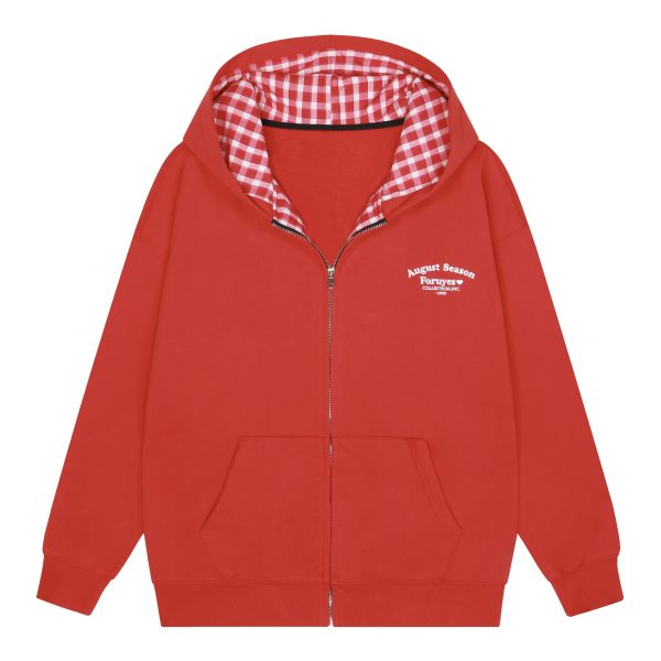 Red Plaid Spliced Slogan Loose Fleece Zipper Hoodie Jacket for Autumn Winter Y2K Style