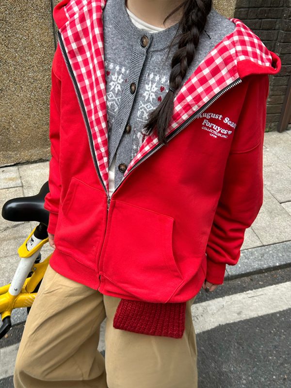 Red Plaid Spliced Slogan Loose Fleece Zipper Hoodie Jacket for Autumn Winter Y2K Style
