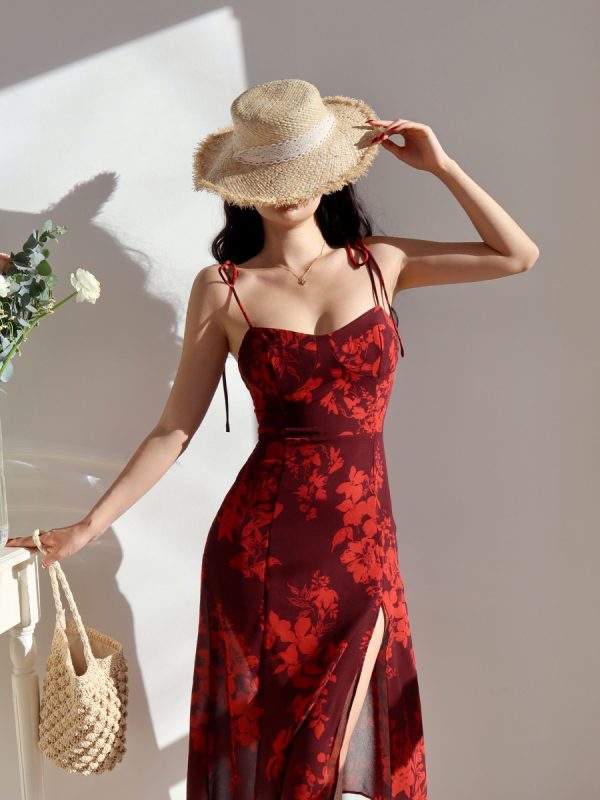 Red Printed High Slit Tie Strap Dress for Women - Sexy Waist-Defined Vacation Style, Perfect for Summer 2023