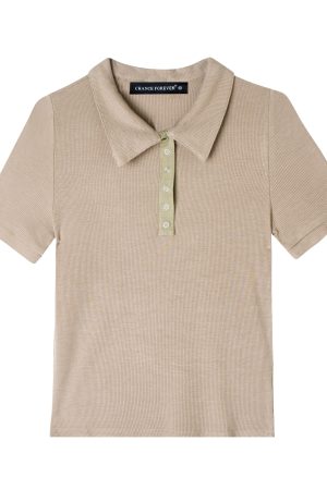 Retro Academy Collared Button Short Sleeve Ribbed Cotton T-Shirt â€“ Comfortable Solid Color Top for Casual 90s and Y2K Style