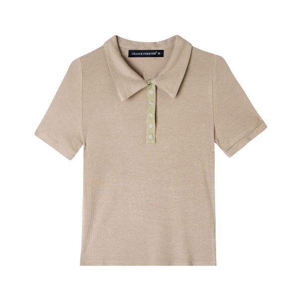 Retro Academy Collared Button Short Sleeve Ribbed Cotton T-Shirt â€“ Comfortable Solid Color Top for Casual 90s and Y2K Style