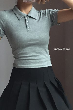 Retro Academy Collared Button Short Sleeve Ribbed Cotton T-Shirt â€“ Comfortable Solid Color Top for Casual 90s and Y2K Style