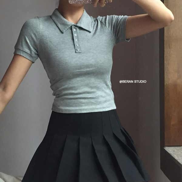 Retro Academy Collared Button Short Sleeve Ribbed Cotton T-Shirt â€“ Comfortable Solid Color Top for Casual 90s and Y2K Style