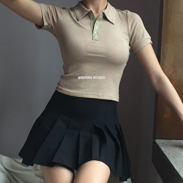 Retro Academy Collared Button Short Sleeve Ribbed Cotton T-Shirt â€“ Comfortable Solid Color Top for Casual 90s and Y2K Style