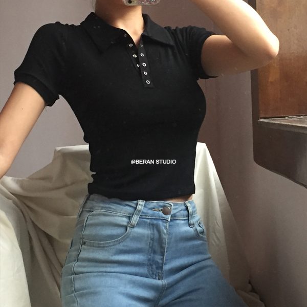Retro Academy Collared Button Short Sleeve Ribbed Cotton T-Shirt â€“ Comfortable Solid Color Top for Casual 90s and Y2K Style