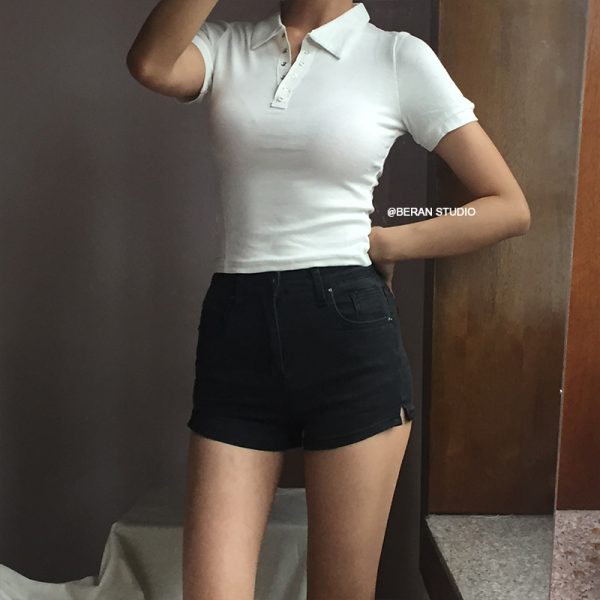 Retro Academy Collared Button Short Sleeve Ribbed Cotton T-Shirt â€“ Comfortable Solid Color Top for Casual 90s and Y2K Style