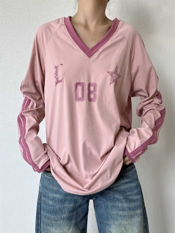 Retro American Oversized Jersey T-Shirt with Color Block Letters | Versatile Raglan Top for Casual Y2K Style