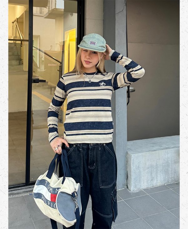Retro American Striped Loose Short Sleeve T-Shirt for Women - Summer 2024 INS Style Top, Casual Y2K Fashion