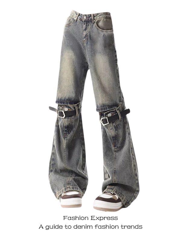 Retro American-Style Ripped Flared Jeans for Women with Unique Belt Splicing - Vintage Wasteland Fashion Pants
