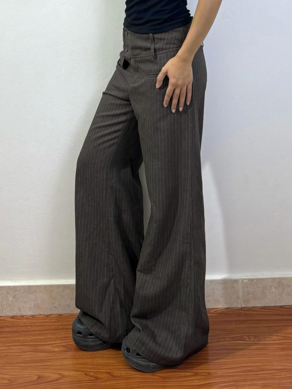 Retro Asymmetrical Pocket Striped Wide-Leg Pants for Women - Vintage British Style Loose Fit Straight-Leg Trousers