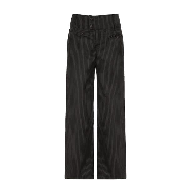 Retro Asymmetrical Pocket Striped Wide-Leg Pants for Women - Vintage British Style Loose Fit Straight-Leg Trousers