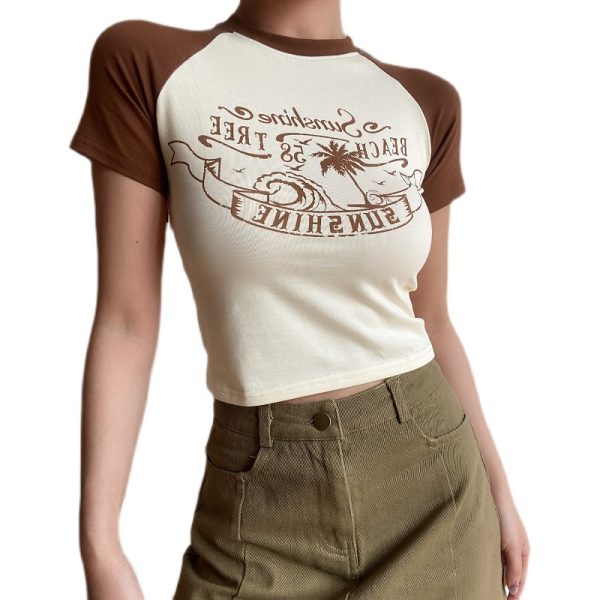 Retro Beach Wave Coconut Tree Color-Blocked Short Sleeve Raglan T-Shirt for Women - 90s Inspired Casual Top