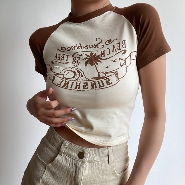 Retro Beach Wave Coconut Tree Color-Blocked Short Sleeve Raglan T-Shirt for Women - 90s Inspired Casual Top