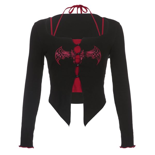 Retro Black and Red Color-Block Bat Print Two-Piece Set for Women with Irregular Hem and Camisole Top - European American Style
