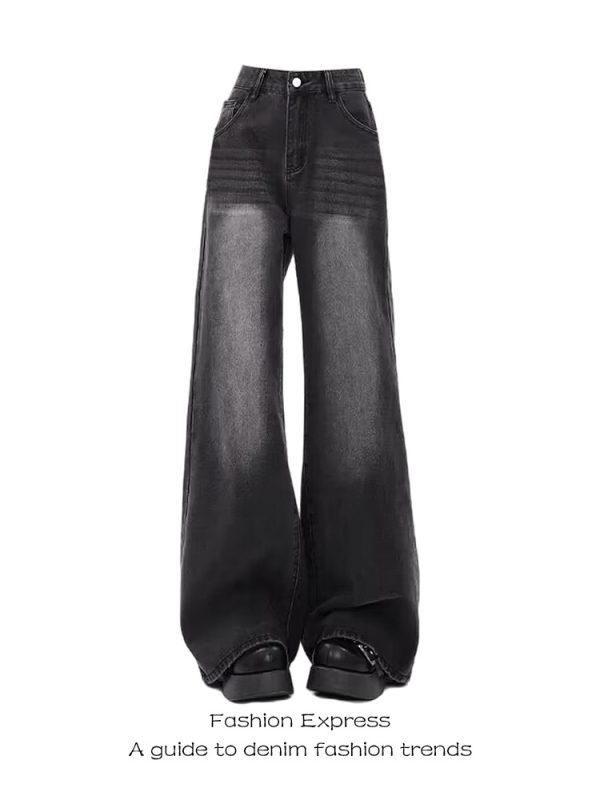 Retro Black Low-Waist Wide-Leg Jeans for Women - 2025 Autumn Winter Loose Fit Floor-Length Pants
