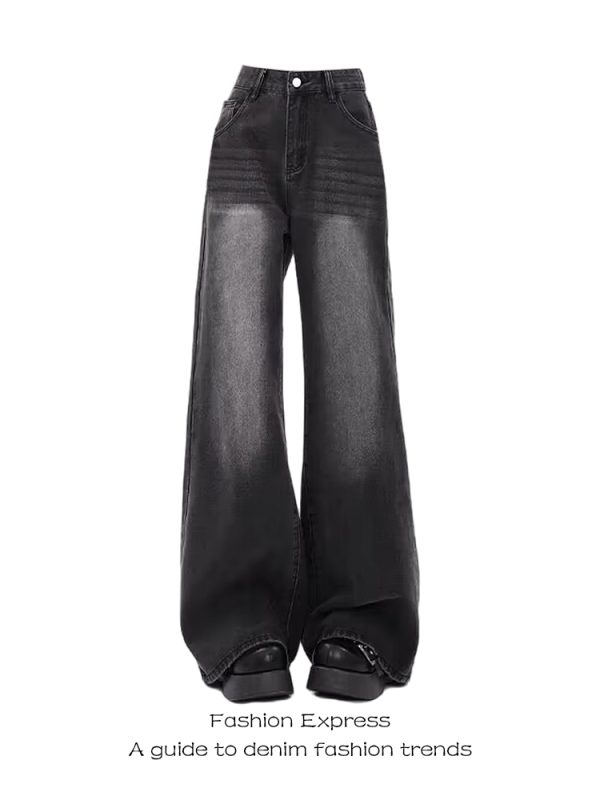 Retro Black Low-Waist Wide-Leg Jeans for Women - 2025 Autumn Winter Loose Fit Floor-Length Pants