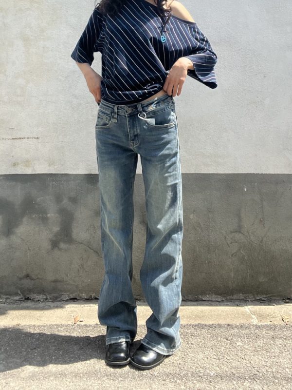 Retro Blue Low-Waist Slim Fit Jeans for Women - Vintage Embroidered American Style, Spring 2025 Fashion