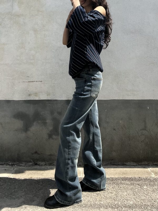 Retro Blue Low-Waist Slim Fit Jeans for Women - Vintage Embroidered American Style, Spring 2025 Fashion