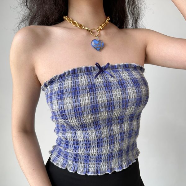 Retro Blue Plaid Strapless Summer Top for Women - Sleeveless 90s Style Outfit for Hot Girls