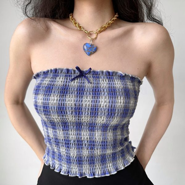 Retro Blue Plaid Strapless Summer Top for Women - Sleeveless 90s Style Outfit for Hot Girls