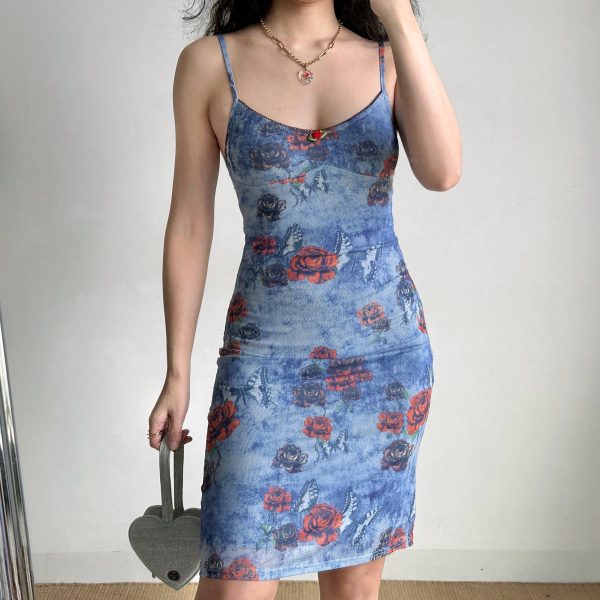 Retro Butterfly Flower Print Camisole Dress for Women - Fitted Waist, Hip-Hugging Short Skirt, European American Style, Y2K Fashion