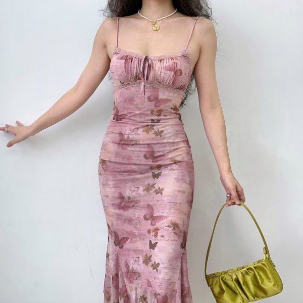 Retro Butterfly Print Camisole Dress with Irregular Lace Waist - Self-Made European American Style, Y2K Aesthetic, Short Skirt