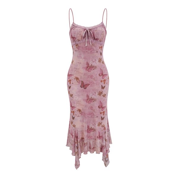 Retro Butterfly Print Camisole Dress with Irregular Lace Waist - Self-Made European American Style, Y2K Aesthetic, Short Skirt
