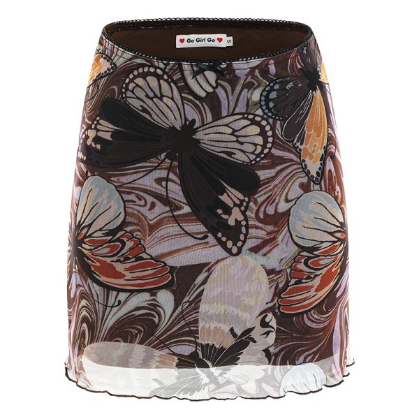 Retro Butterfly Print Mesh High-Waisted Bodycon Mini Skirt for Women, DIY European American Style Summer Fashion