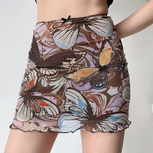 Retro Butterfly Print Mesh High-Waisted Bodycon Mini Skirt for Women, DIY European American Style Summer Fashion