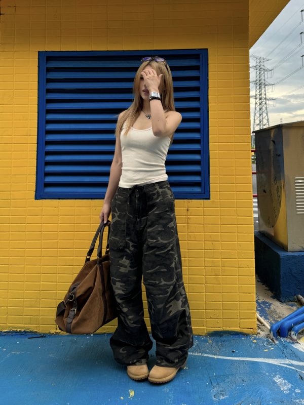 Retro Camouflage Straight Tube Pleated Pants with Waist Belt - Casual Loose Fit Long Pants for Y2K Style and Workwear