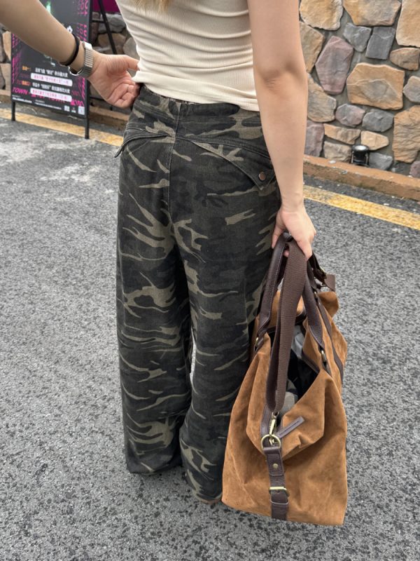 Retro Camouflage Straight Tube Pleated Pants with Waist Belt - Casual Loose Fit Long Pants for Y2K Style and Workwear