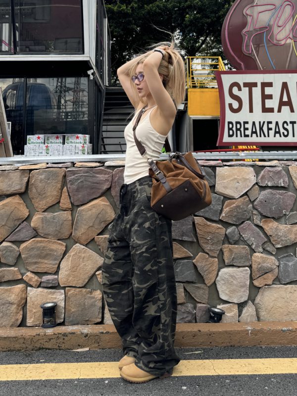 Retro Camouflage Straight Tube Pleated Pants with Waist Belt - Casual Loose Fit Long Pants for Y2K Style and Workwear