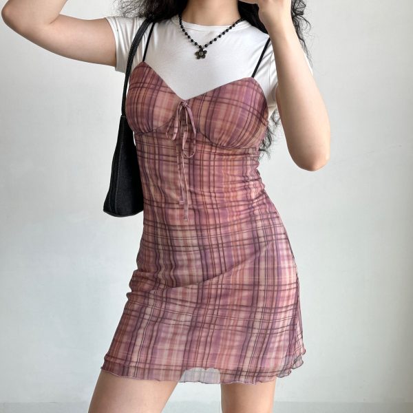 Retro Checkered Strap Dress for Women - Self-Made European American Style, Bow Detail, Slim Fit, Sleeveless Summer Fashion