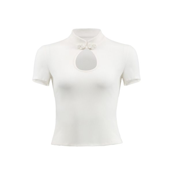 Retro Chinese Style Hollow Button Short Sleeve T-Shirt with Qipao Collar - Women's Slim Fit Top