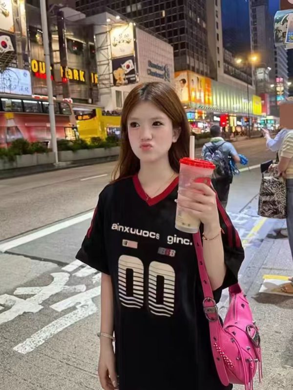 Retro Color-Block V-Neck Short Sleeve T-Shirt for Women - Trendy 90s Inspired Summer Sports Loose Top