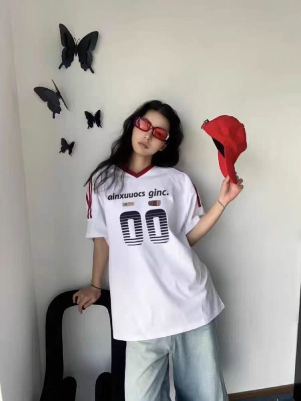 Retro Color-Block V-Neck Short Sleeve T-Shirt for Women - Trendy 90s Inspired Summer Sports Loose Top
