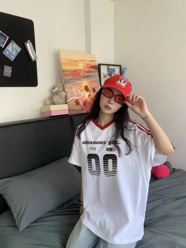 Retro Color-Block V-Neck Short Sleeve T-Shirt for Women - Trendy 90s Inspired Summer Sports Loose Top