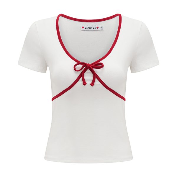 Retro Color-Blocking Bow Detail White T-Shirt for Women - Slim Fit Short Sleeve Top - European American Style Summer Fashion