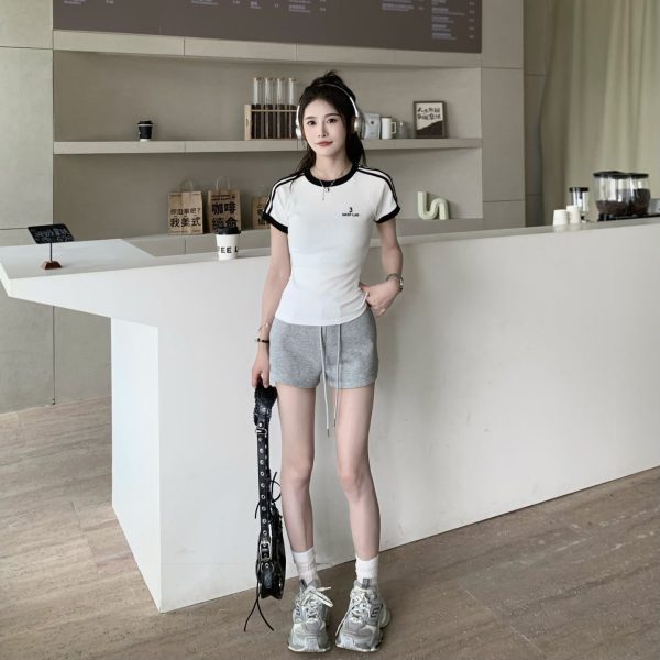 Retro Color-Blocking Short Sleeve T-Shirt for Women - 2024 Summer Raglan Sleeve Slim Fit Top, Y2K Inspired Fashion