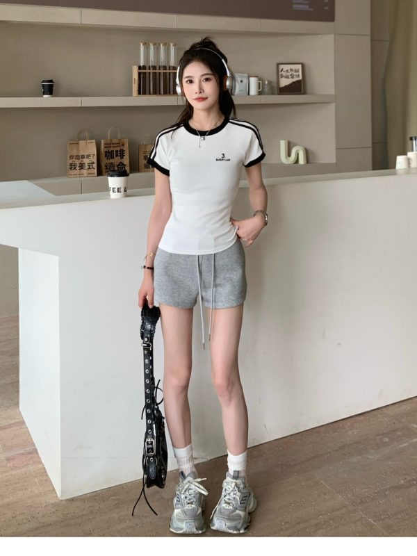 Retro Color-Blocking Short Sleeve T-Shirt for Women - 2024 Summer Raglan Sleeve Slim Fit Top, Y2K Inspired Fashion