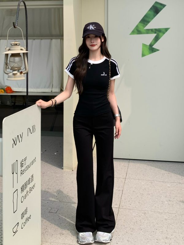 Retro Color-Blocking Short Sleeve T-Shirt for Women - 2024 Summer Raglan Sleeve Slim Fit Top, Y2K Inspired Fashion