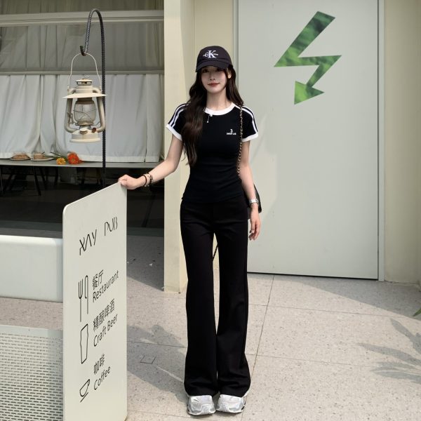 Retro Color-Blocking Short Sleeve T-Shirt for Women - 2024 Summer Raglan Sleeve Slim Fit Top, Y2K Inspired Fashion