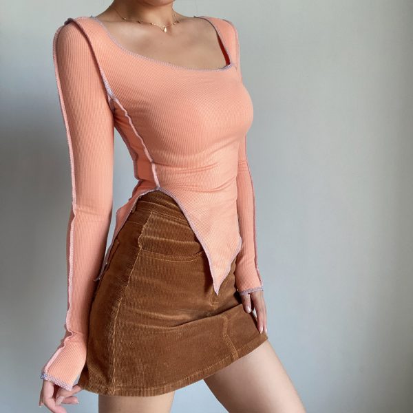 Retro Cute Color-Block Long Sleeve T-Shirt with Irregular Hem and Side Slit - Slim Fit Waist-Cinching Solid Color Top