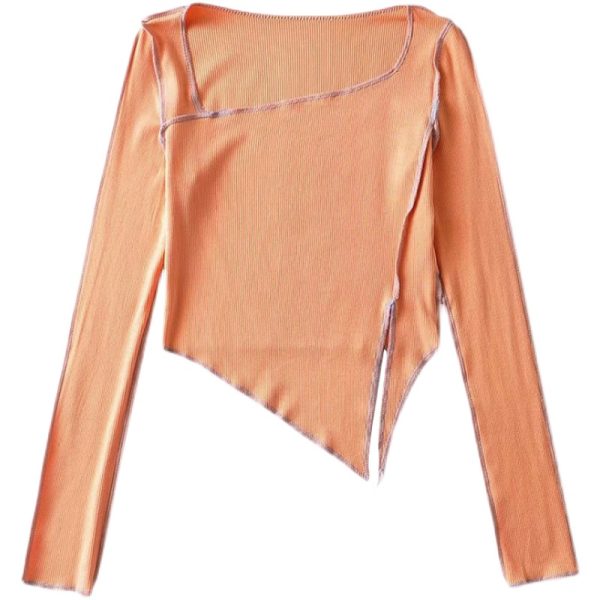Retro Cute Color-Block Long Sleeve T-Shirt with Irregular Hem and Side Slit - Slim Fit Waist-Cinching Solid Color Top