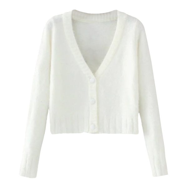 Retro Cute Fluffy V-Neck Long Sleeve Knitted Cardigan Short Jacket for Early Autumn Fashion