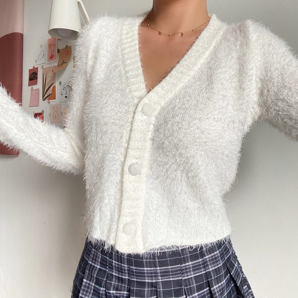 Retro Cute Fluffy V-Neck Long Sleeve Knitted Cardigan Short Jacket for Early Autumn Fashion
